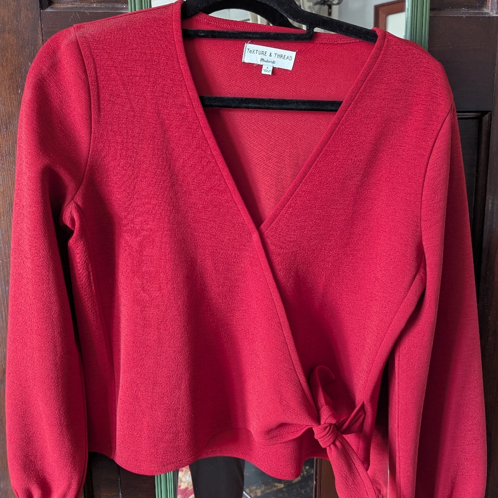 Madewell Texture & Thread Crepe Red Wrap Long Sleeve Top Blouse Size Small NWOT